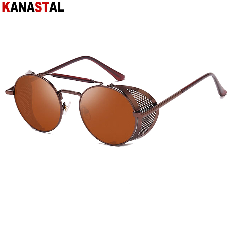 Lunettes de soleil rondes rétro Steampunk pour hommes et femmes, protection latérale UV, monture métallique, lentille miroir gothique, à la mode