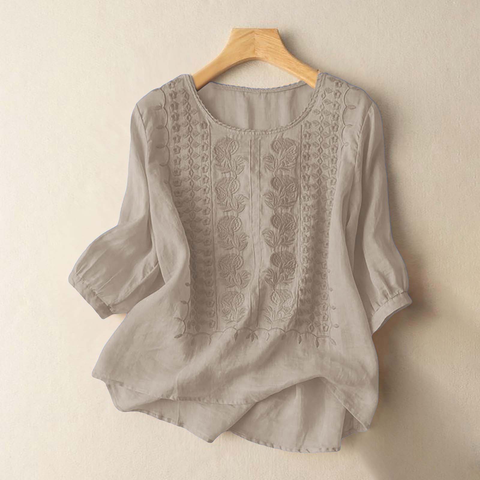 Été Vintage chemises élégant OL travail Blouse femmes coton et lin Blouses 3/4 manches tunique hauts broderie Blusas Femme