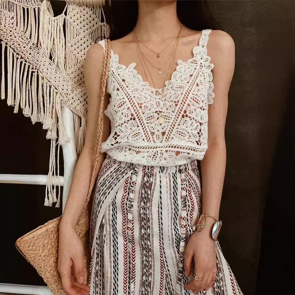 Débardeurs à col en V pour femmes, hauts d'été sans manches en crochet, hauts en dentelle ajourée tricotée, streetwear, ropa de mujer