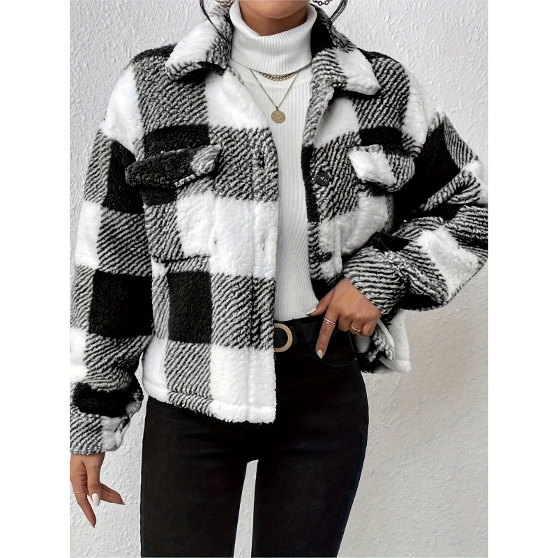 Veste femmes Plaid imprimé manteau en peluche automne hiver Vintage pardessus poches simple boutonnage col rabattu vêtements de dessus pour femmes