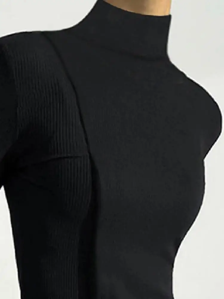 Bonboho-T-shirt à manches longues et col haut pour femme, pull slim, chemises urbaines, noir uni, simple, mode automne