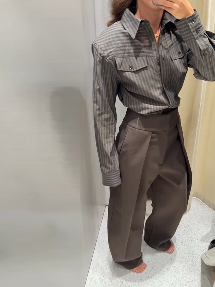 Ensemble chemise et pantalon droit décontracté pour femmes, rétro Chic, chemise cintrée à la taille, pantalon ample, tenues de rue classiques d'automne