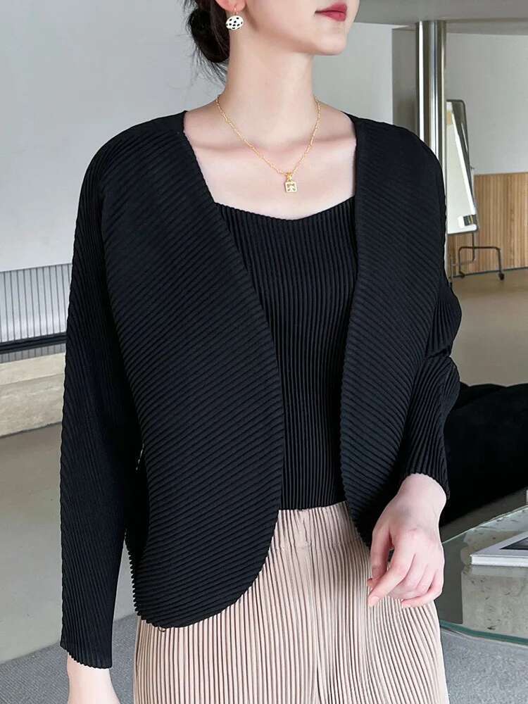 GVUW-Veste Plissée à Col en V pour Femme, Vêtement d'Extérieur Décontracté à Manches sulf, Point Ouvert, Couleur Unie, Nouvelle Collection 2025, 17G9774