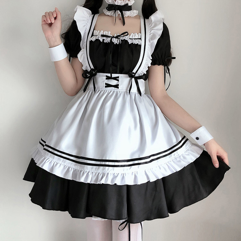 Costumes de Cosplay japonais Anime Lolita, tenue de demoiselle d'honneur noire et mignonne, robe tablier de demoiselle d'honneur pour filles et femmes, Costumes de jeu de rôle d'halloween