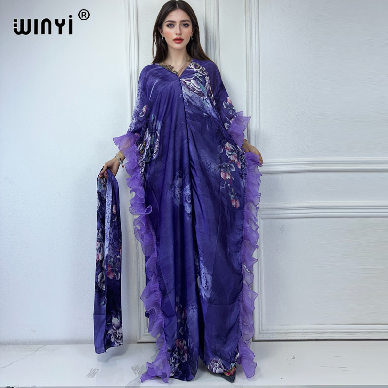 WINYI Robe de soirée d'été élégante et confortable à manches bouffantes, imprimé Abaya pour femmes, Kaftan féminin, Abaya Ramadan, Luxe Dubaï