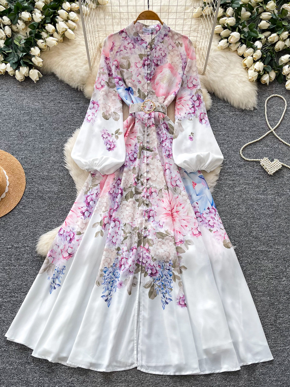 Robe de soirée longue élégante vintage française pour femme, col montant, manches lanternes, imprimé, simple boutonnage, design de robe de fête