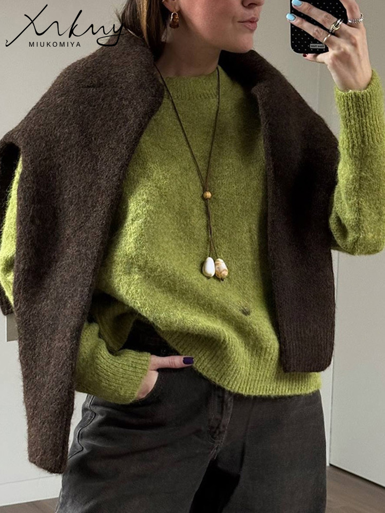 Pull d'hiver pour femmes, chandails chauds à col rond, tricots amples, pulls basiques marron pour femmes, rose d'hiver