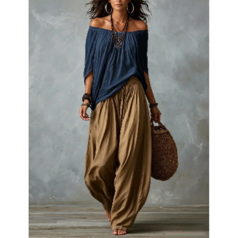 Ensemble deux pièces pour femmes, chemisier ample à épaules dénudées style bohème, pantalon large de style harem, tenue de vacances décontractée vintage pour femmes