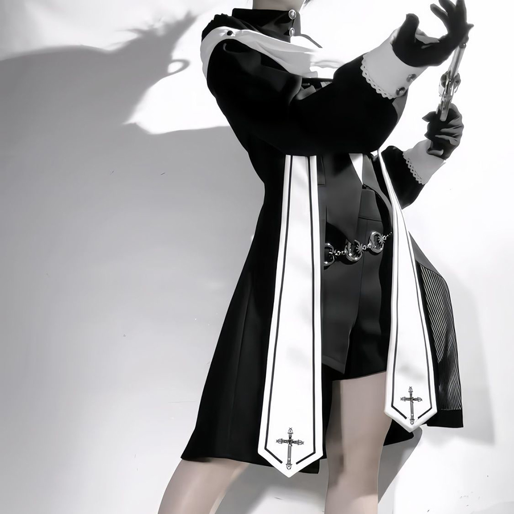 Costume de cosplay de nonne gothique, robe lolita sombre originale, uniforme pour femmes, ensemble manteau long noir et short, tenues d'Halloween