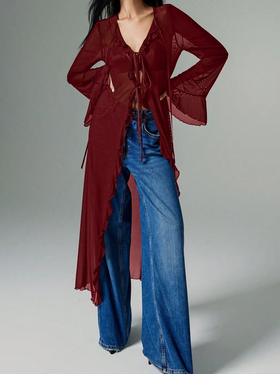 Kimono long en maille transparente pour femme, style hobo fluide avec volants, robe longue sexy à manches cloche, cache-maillot en mousseline à nouer sur le devant