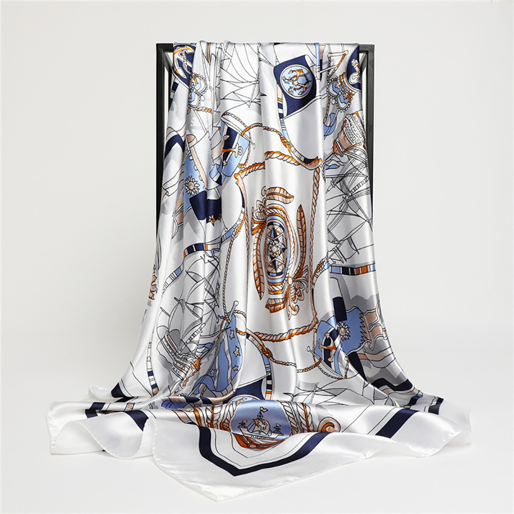 Grande écharpe carrée de luxe à imprimé nautique, fine, respirante et soyeuse, foulard de protection solaire de Style glamour