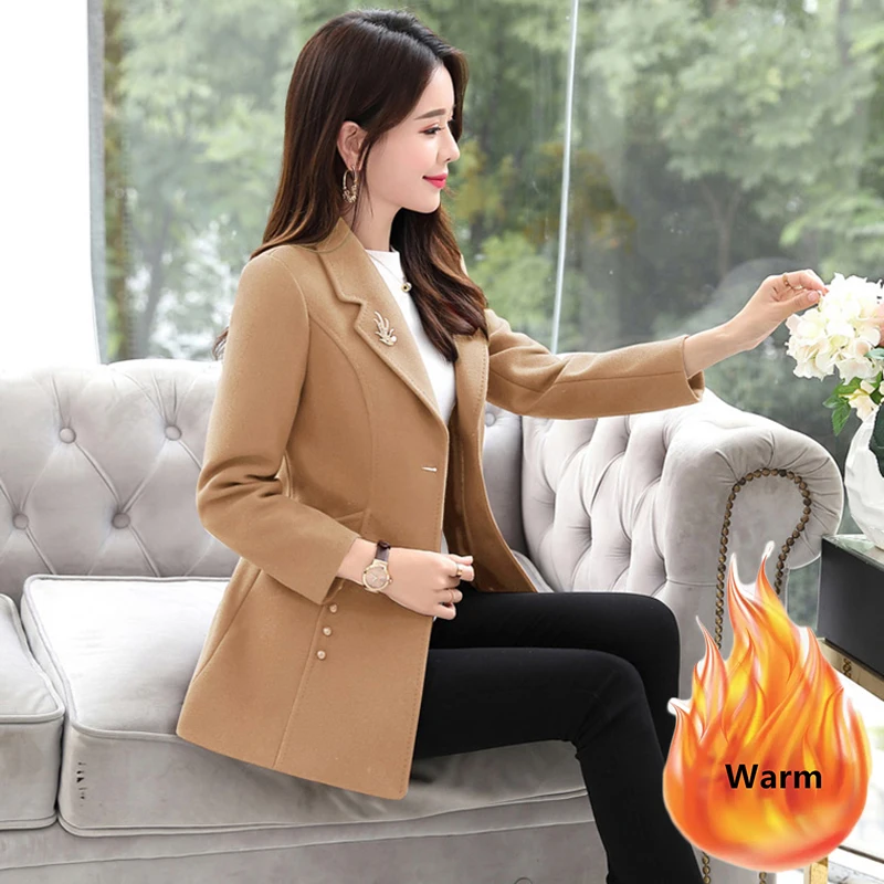 Veste en laine chaude matelassurera pour femme, coupe slim, mi-longue, tissu classique, élégant, mélange de laine, luxe, automne, hiver