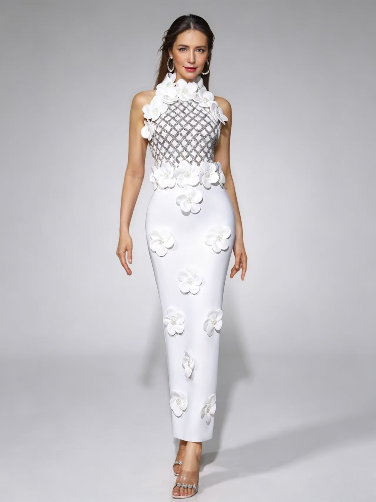 Robe de soirée élégante de luxe pour femme, sans manches, ornée de fleurs et de perles, idéale pour les cocktails, anniversaires et soirées mondaines