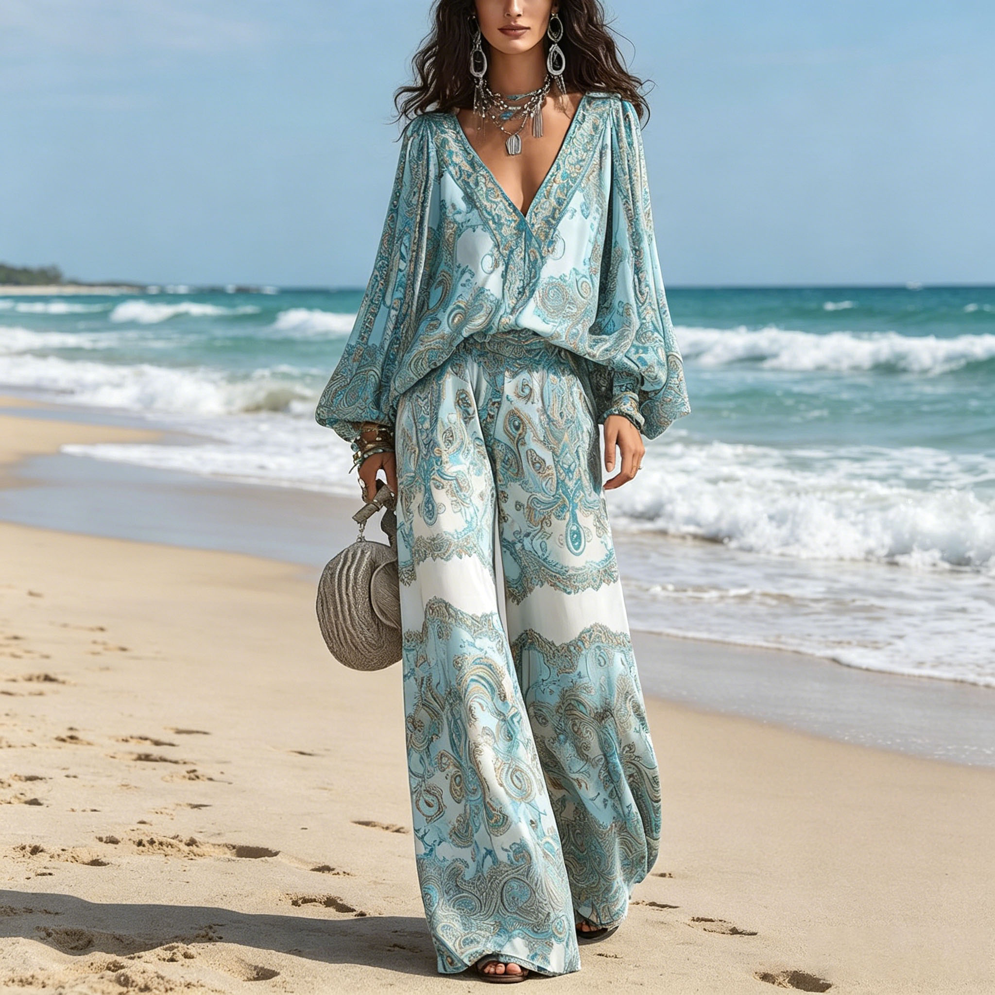 Ensemble deux pièces bohème pour femme, imprimé cachemire, sexy, col en V profond, chemisier à manches longues, pantalon large, tenue décontractée pour les vacances