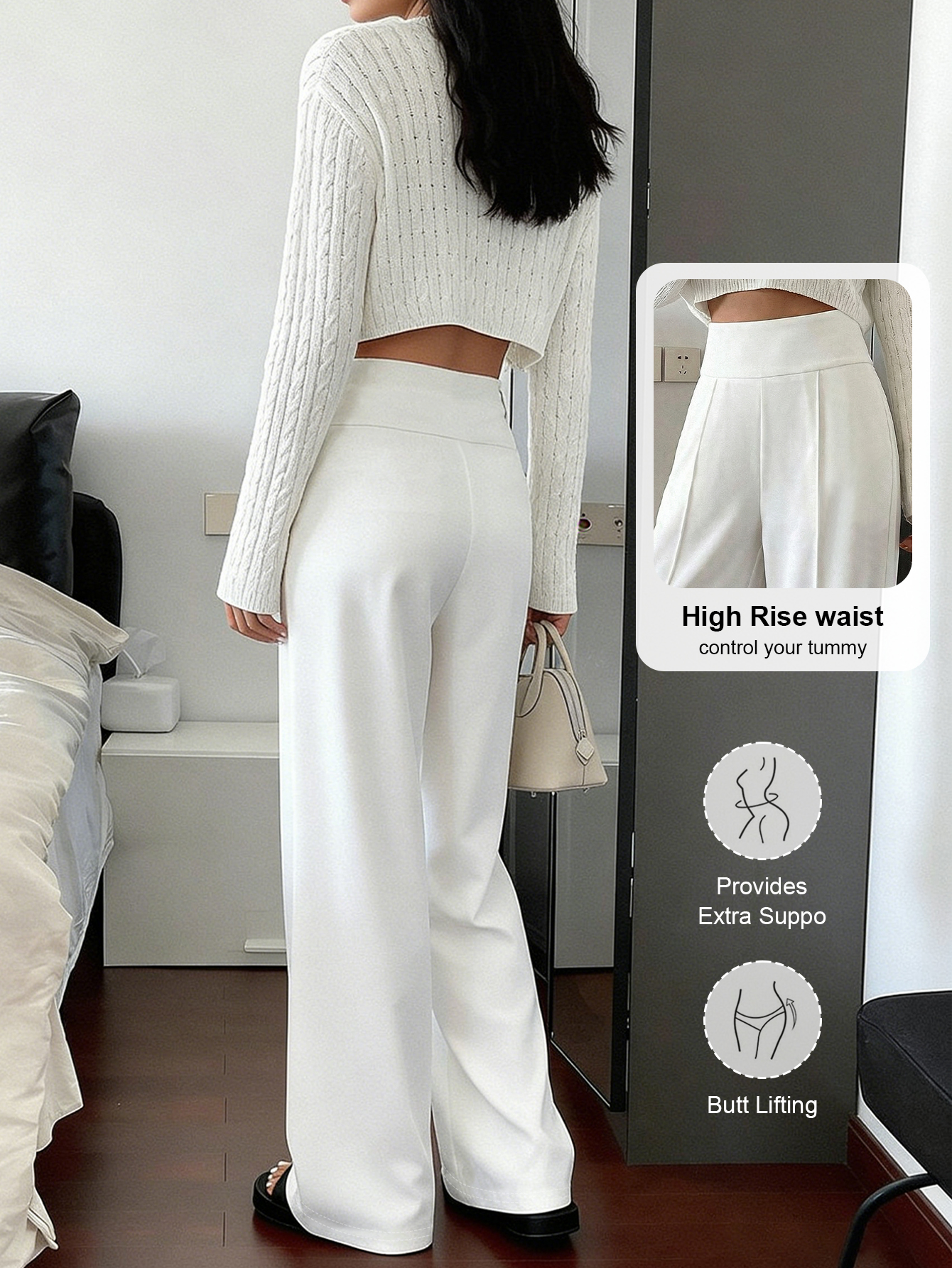 Pantalon ample à jambe droite pour femme, blanc minimaliste, décontracté, long, amincissant, style cargo avec rayures, taille standard, adapté