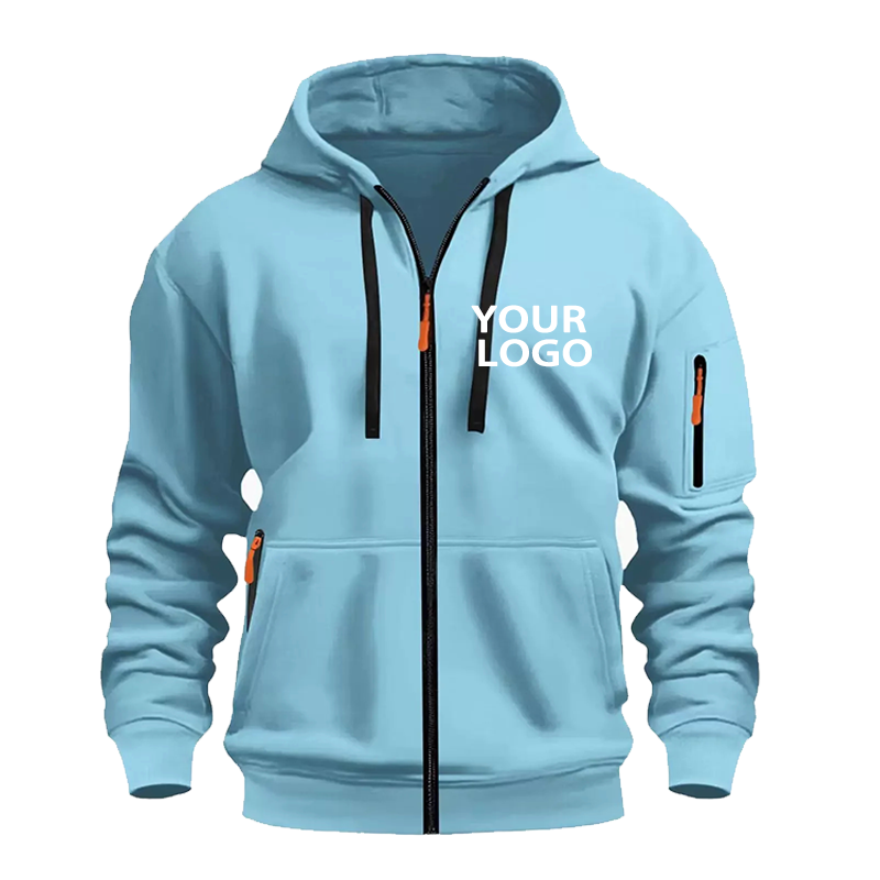 Sweat à capuche de sport décontracté pour hommes, Logo personnalisé, avec poche zippée complète, à la mode, avec poche sur les bras, pour l'extérieur, à manches longues, DIY