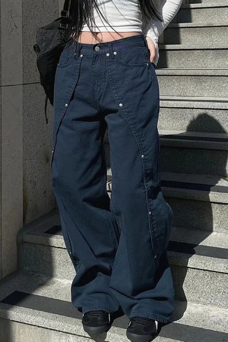 Jean pour femme Y2k, vêtements décontractés, coupe ample, pantalon à jambes larges, Style rétro américain Vintage avec rivets, Patchwork, Design fendu