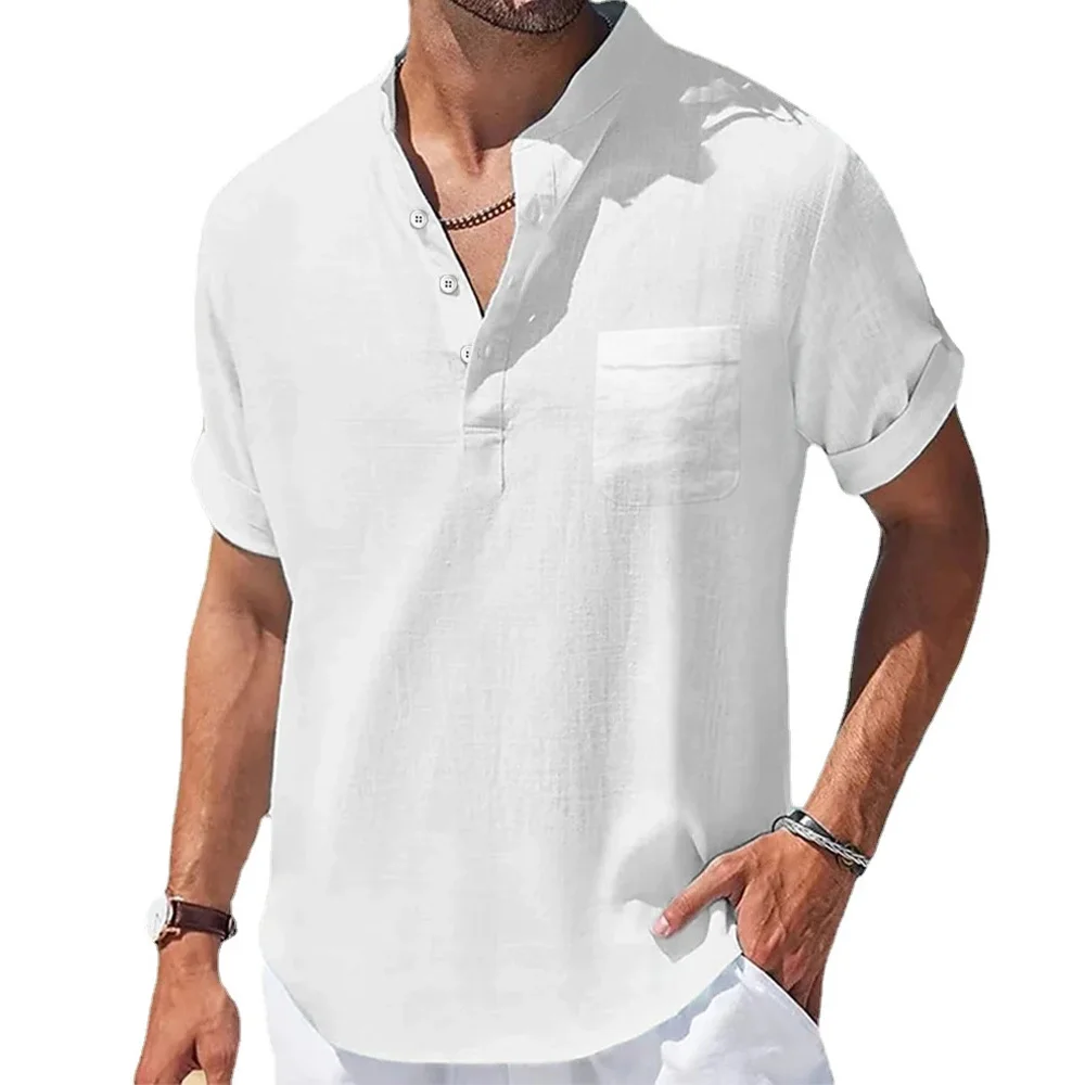 T-shirt en coton et lin pour hommes, col Henry, manches courtes, hauts décontractés, léger, à la mode, classique, avec boutons, offre spéciale, été