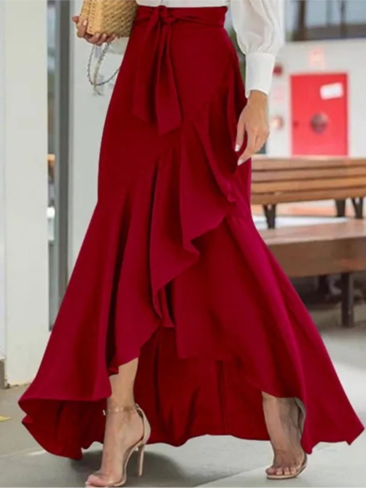 Jupe longue ample rétro pour femme, taille haute, à lacets, avec volants, imprimé écossais, nœud papillon, ourlet irrégulier, jupe sirène maxi pour femme