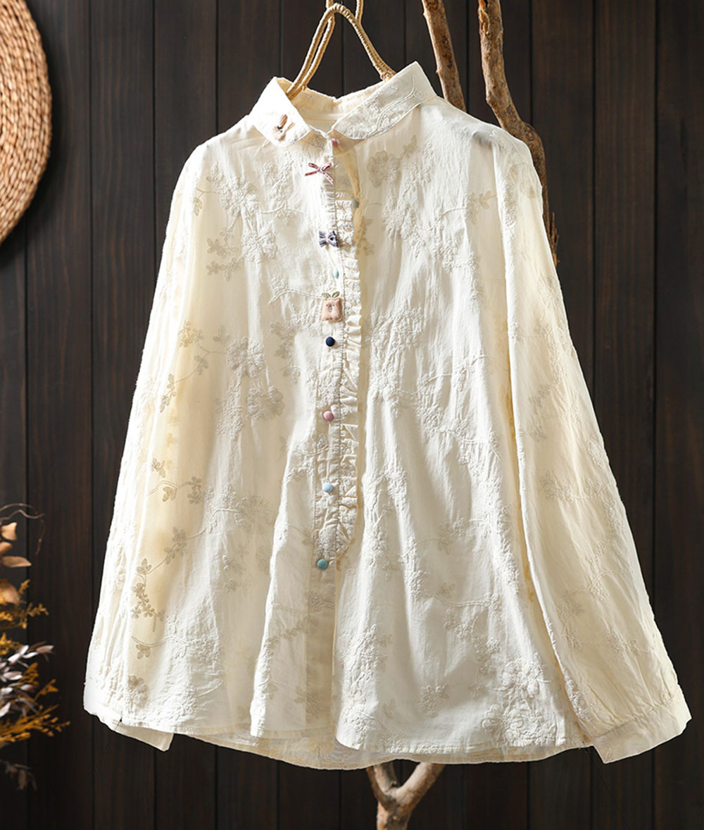 Vêtements vintage japonais 2026, mori kei, printemps, chemises et blouses à col Peter Pan, beige, blanc, dentelle brodée, vêtements mignons