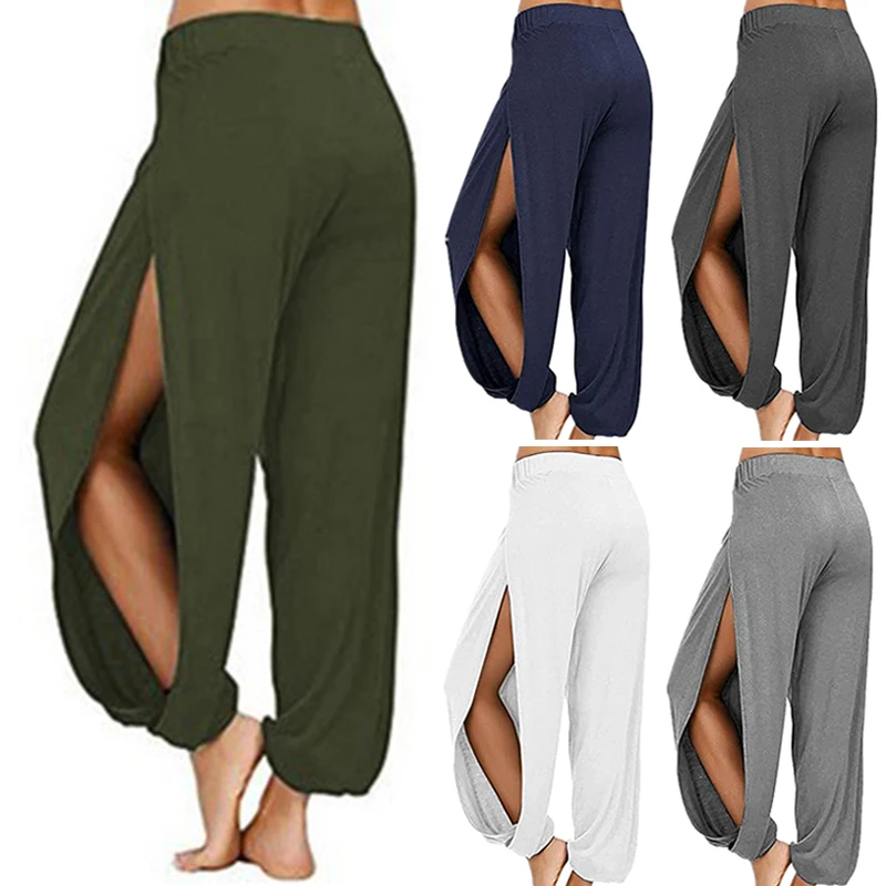 Pantalon Haren d'été à fente haute pour femmes, pantalon de sport, de Yoga, couleur unie, ample, Hippie, sarouel, jambes larges