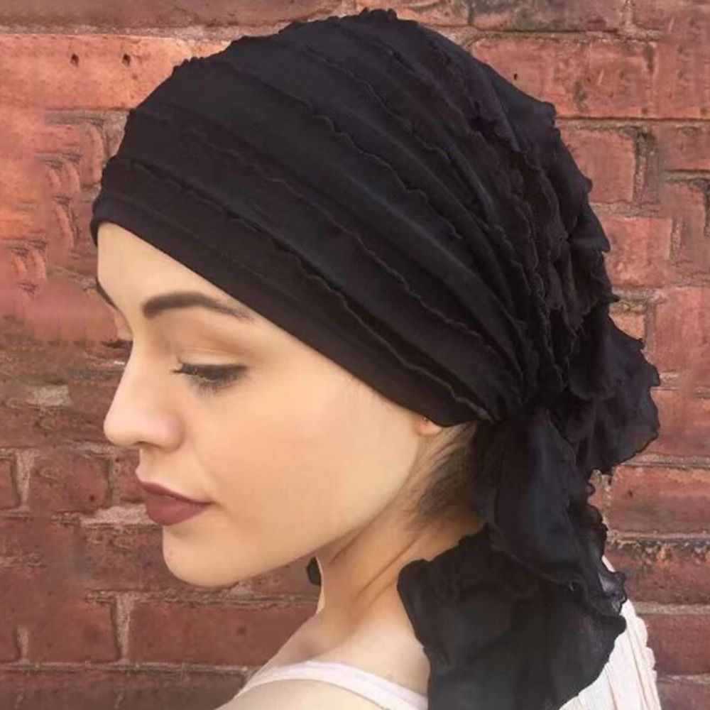 Nouveau Bonnet Hijab Pré-Noué pour Femmes Musulmanes, Turban à Volants Couleur Unie, Bonnet Chimio en Daim, Foulard Islamique pour la Tête (pour femmes atteintes de cancer)