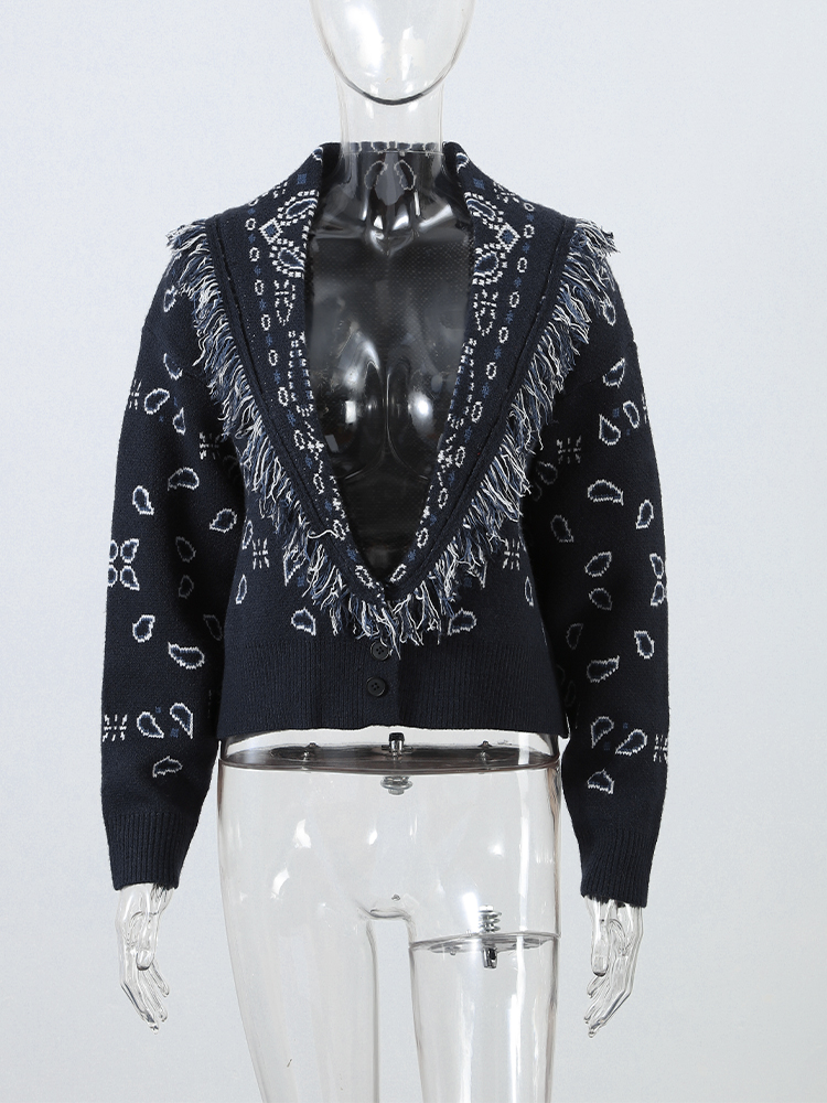 Manteau chic pour femme, col en V, manches longues, franges, boutonnage simple, jacquard, cardigan en tricot pour femme, haut tendance pour l'automne.
