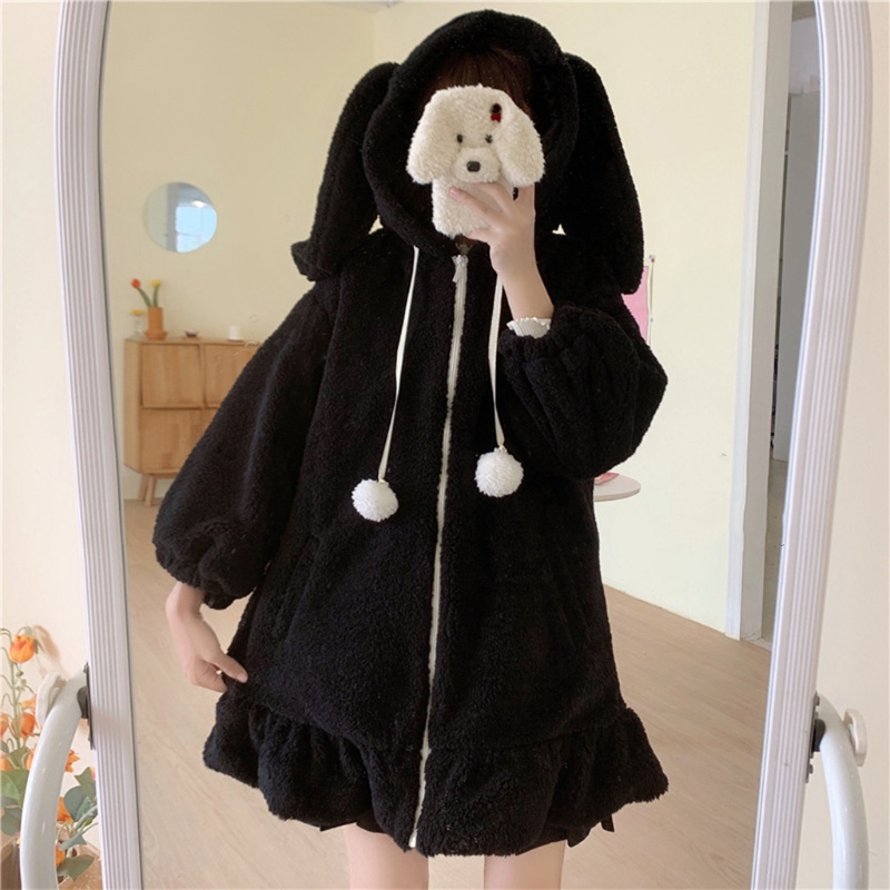Veste d'hiver à capuche pour femme, Cardigan à manches longues, duveteux, Harajuku, Kawaii, oreilles de lapin, fermeture éclair, manteau en peluche, vêtements chauds à volants, 2021