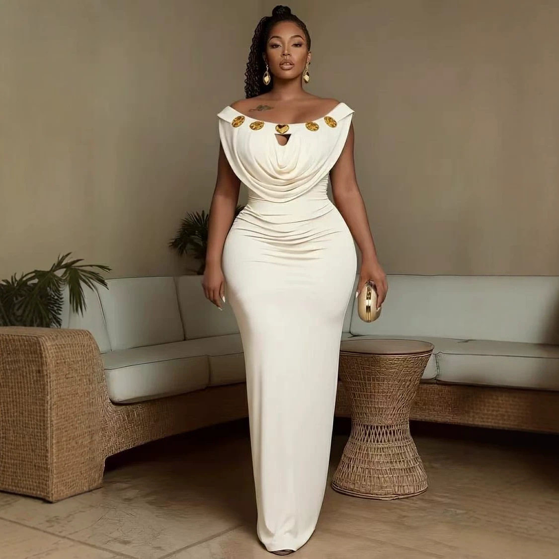 Robe de soirée longue maxi moulante drapée rouge pour femmes africaines, grande taille, à épaules dénudées, avec découpes, ornements dorés et fronces