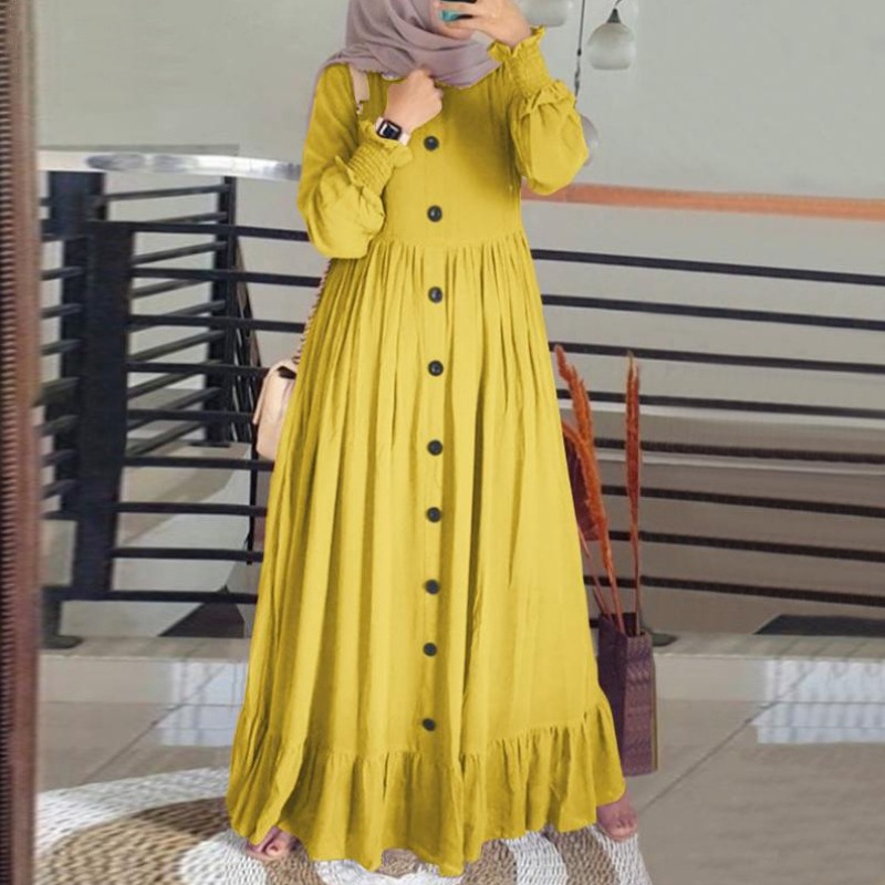 Robe Abaya islamique en coton et chanvre, rétro, décontractée, muselmane, ample, col rond, à volants, pour femmes, nouvelle collection 2024