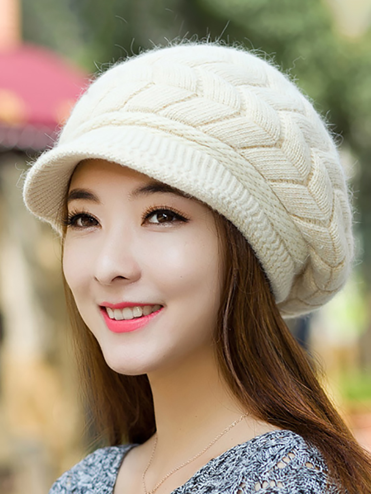 Chapeau tricoté chaud pour femme, Double couche, en velours, visière, décontracté, pour l'hiver