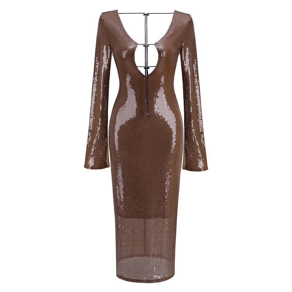 Robe de soirée élégante à paillettes en V profond, manches longues, dos nu, à lacets, mi-longue, longueur cheville, robe de soirée formelle