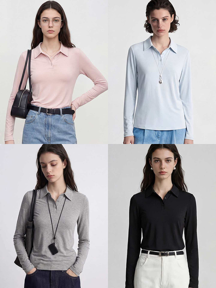 T-shirt Polo à manches longues pour femmes, 80% soie, sans repassage, Slim, doux, haute élasticité, hauts basiques