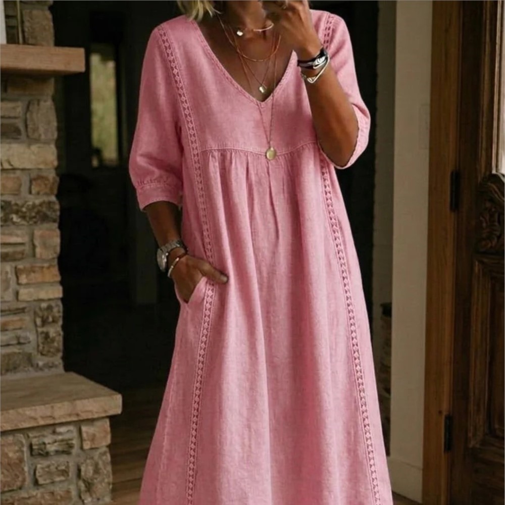 Robe longue décontractée et élégante, style bohème, col en V, à poches, couleur unie, coupe ample, pour le quotidien, printemps-été, style rétro, pull-over en dentelle