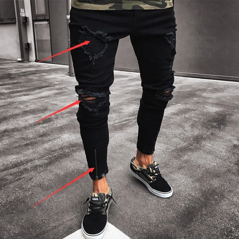 Jeans pour hommes nouveau pantalon tendance noir déchiré avec fermeture éclair extensible pour hommes