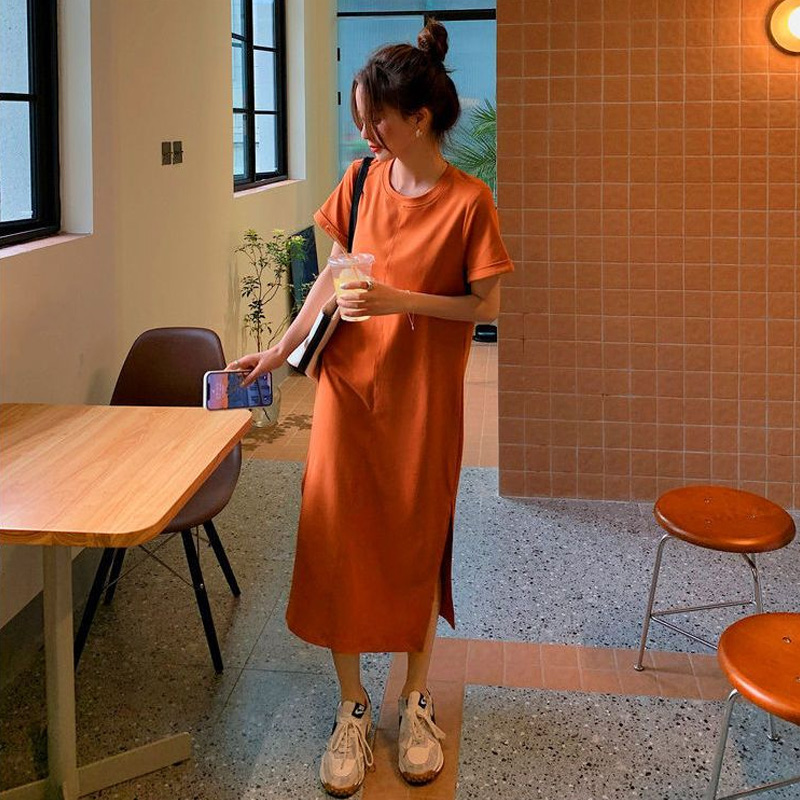 Robe mi-longue à manches courtes et col rond pour femmes, t-shirt dos nu décontracté, robe d'été monochromatique, vêtements tendance de la mode, nouveau document