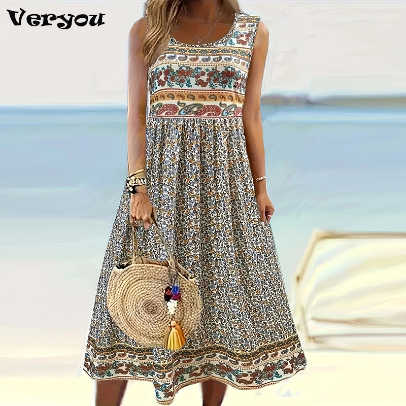 Robe Maxi imprimée Vintage pour femmes, tenue longue décontractée sans manches, grande taille, robe de plage, de soirée, style Boho, été