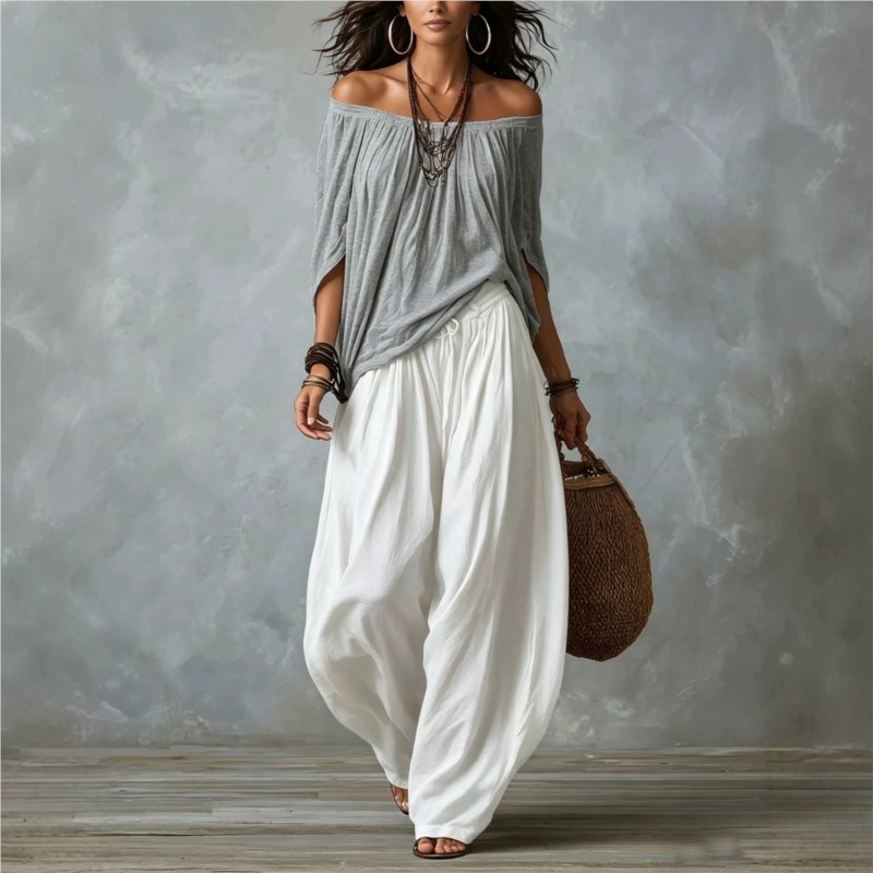 Ensemble deux pièces pour femmes, chemisier ample à épaules dénudées style bohème, pantalon large de style harem, tenue de vacances décontractée vintage pour femmes