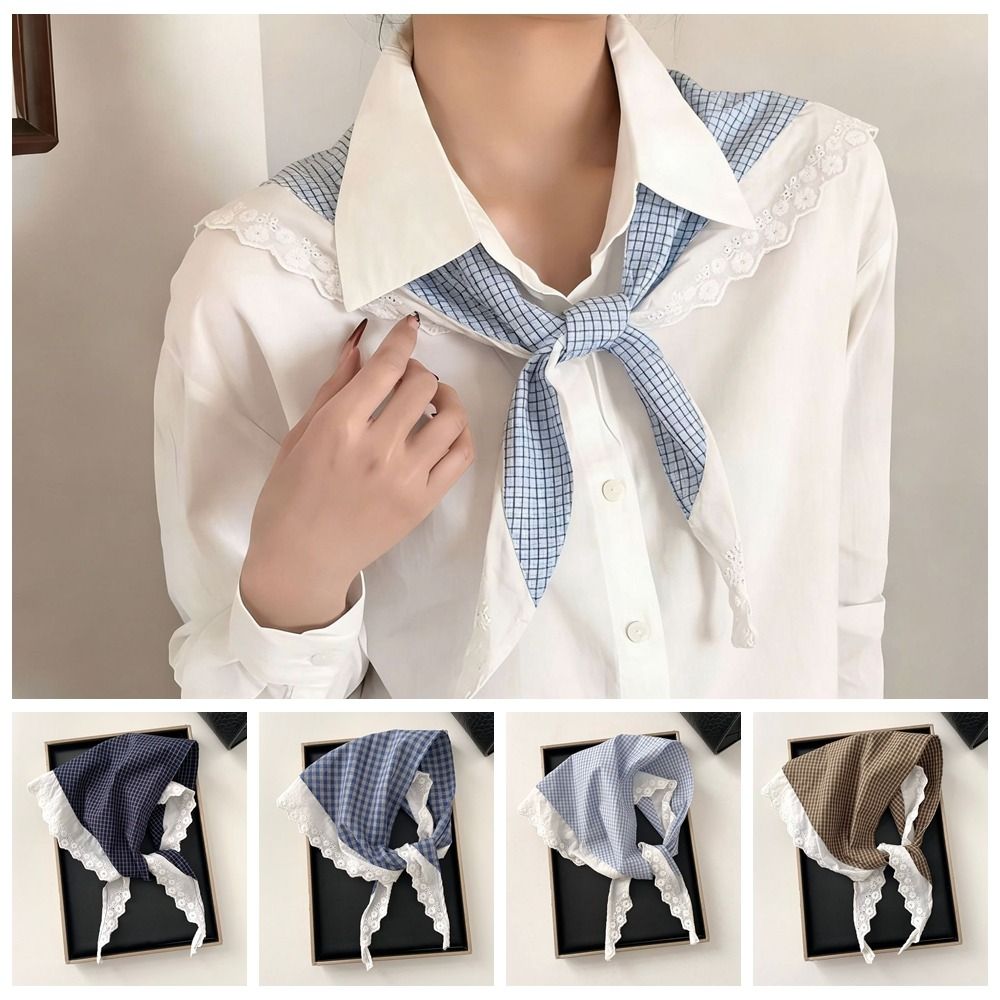 Foulard Triangle en Coton et Lin à Carreaux avec Dentelle Rembourrée pour Femme
