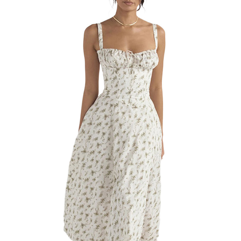Femmes robe d'été 2024 mode imprimé fleuri licou fronde col en V soutien-gorge sans manches doux femme mi-mollet robes robes GHH24128