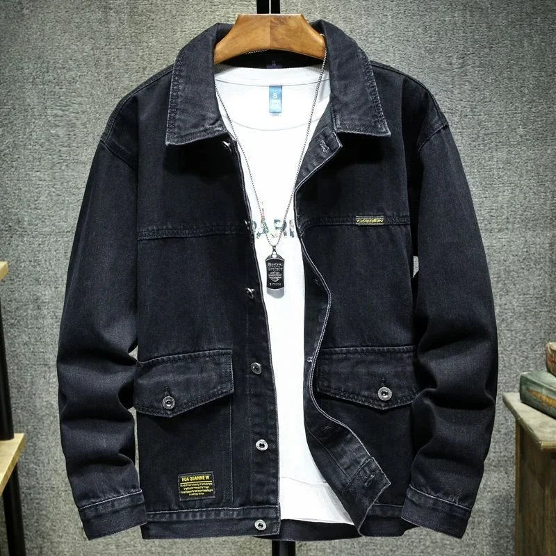 Vestes en jean cargo pour hommes, manteau en jean noir, vêtements à bas prix, tissu à bord, designer élastique, style coréen G, automne