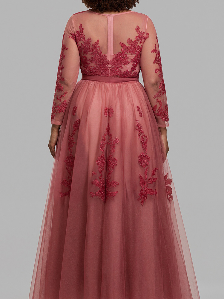 Robe de soirée élégante pour femme, en dentelle avec appliqués floraux, col en V, manches longues en maille transparente, coupe trapèze, robe maxi pour invité de mariage, bal de promo, robe de fête, Vestido