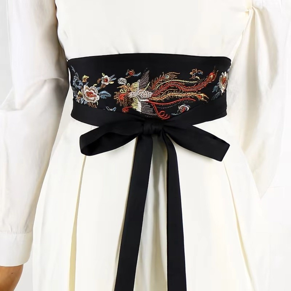 Bande de taille brodée de Style ethnique, large ceinture noire, décor de robe Hanfu