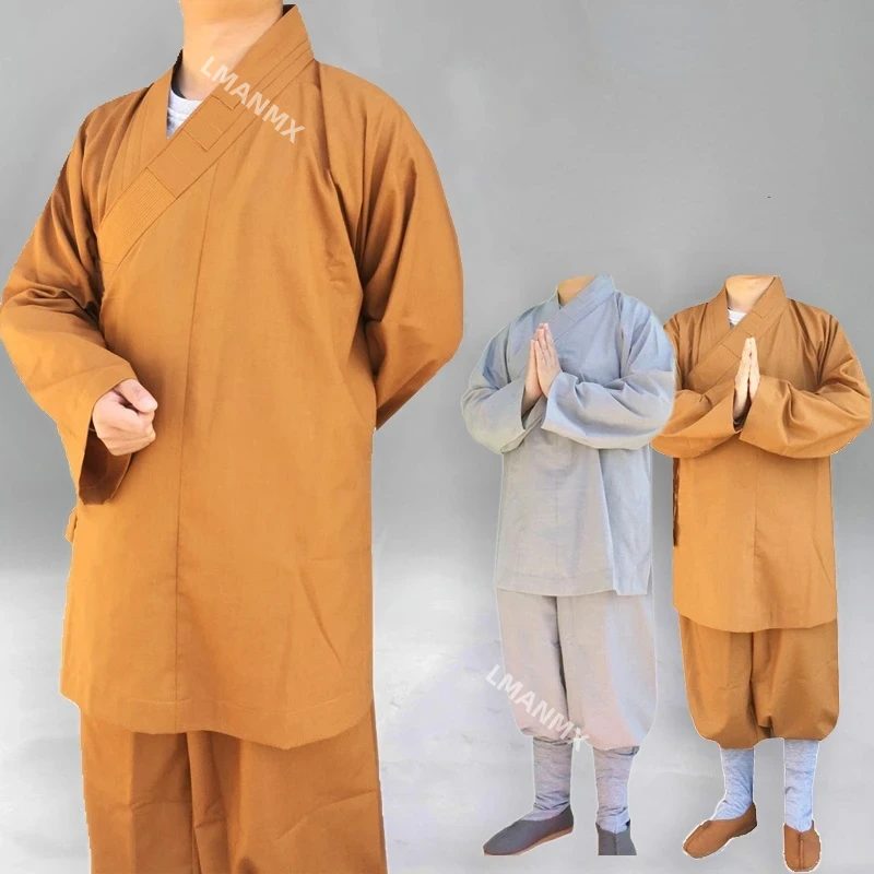 Traditional Chinese Buddhism Arhat Gown Set for Adult Men Monk Robe Clothes Top and Pants Buddhist Clothes