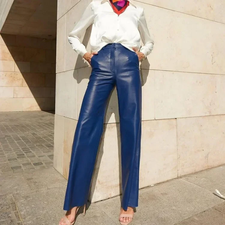 FJSPRING-Pantalon en cuir PU pour femme, taille moyenne, levage de la hanche, jambe droite, décontracté, mode