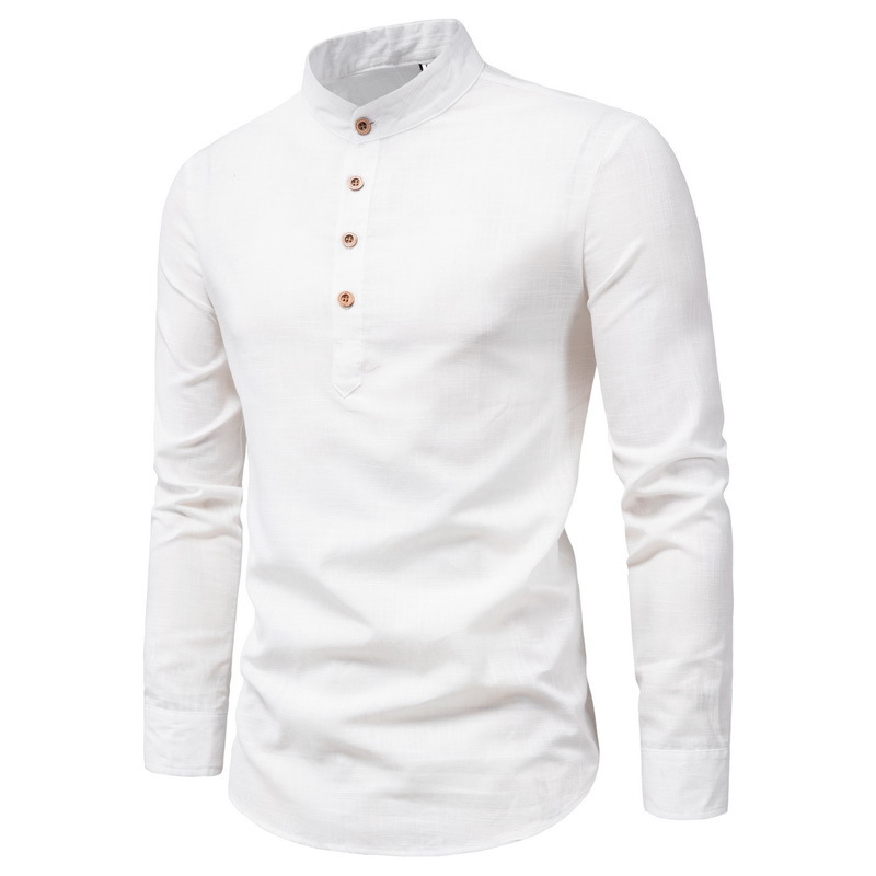 Chemisier hommes été décontracté classique couleur unie décontracté mince col montant bouton chemise à manches longues vêtements pour hommes