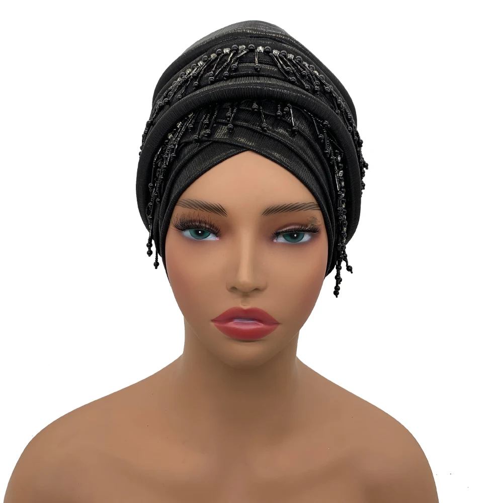 Turban Africain Élégant avec Glands et Perles pour Femme, Cravate de Sauna