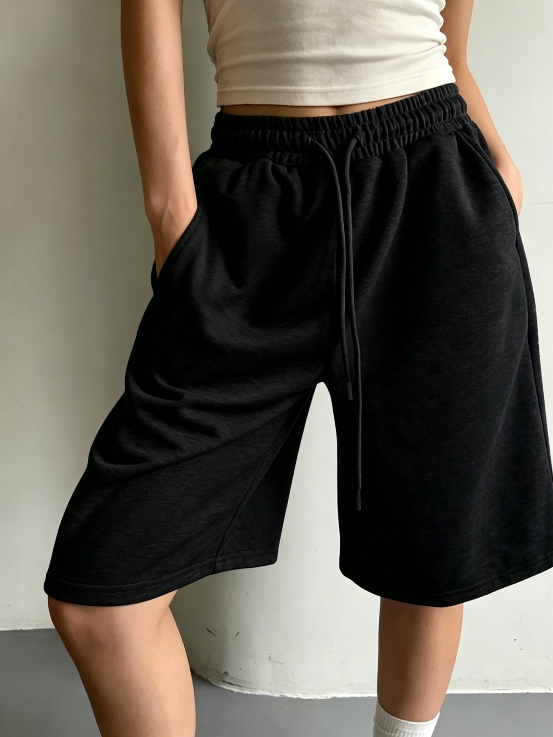 Shorts décontractés pour femmes grandes tailles, couleur unie, tissu lavable en machine avec poches à cordon