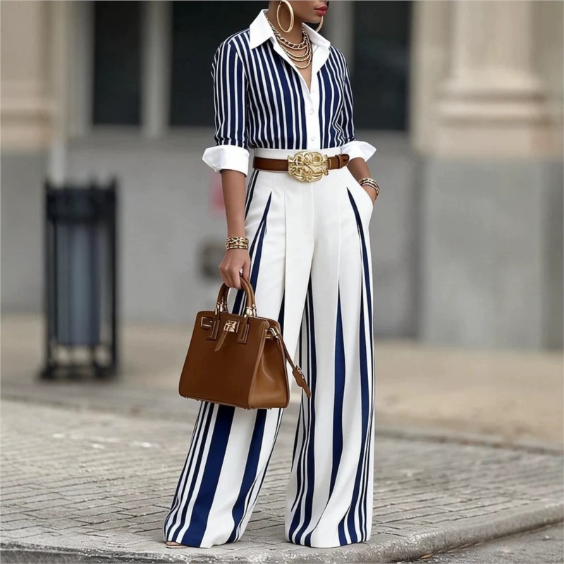 Ensemble deux pièces mode femme : chemise rayée imprimée à revers et manches longues à boutonnage simple + pantalon large pour l'automne