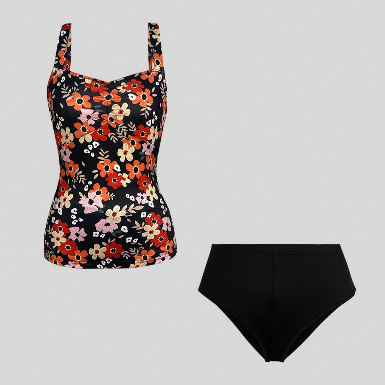 Nouvelle collection été 2026 : Ensemble tankini à imprimé floral pour femme, maillot de bain taille haute à col carré et à volants.